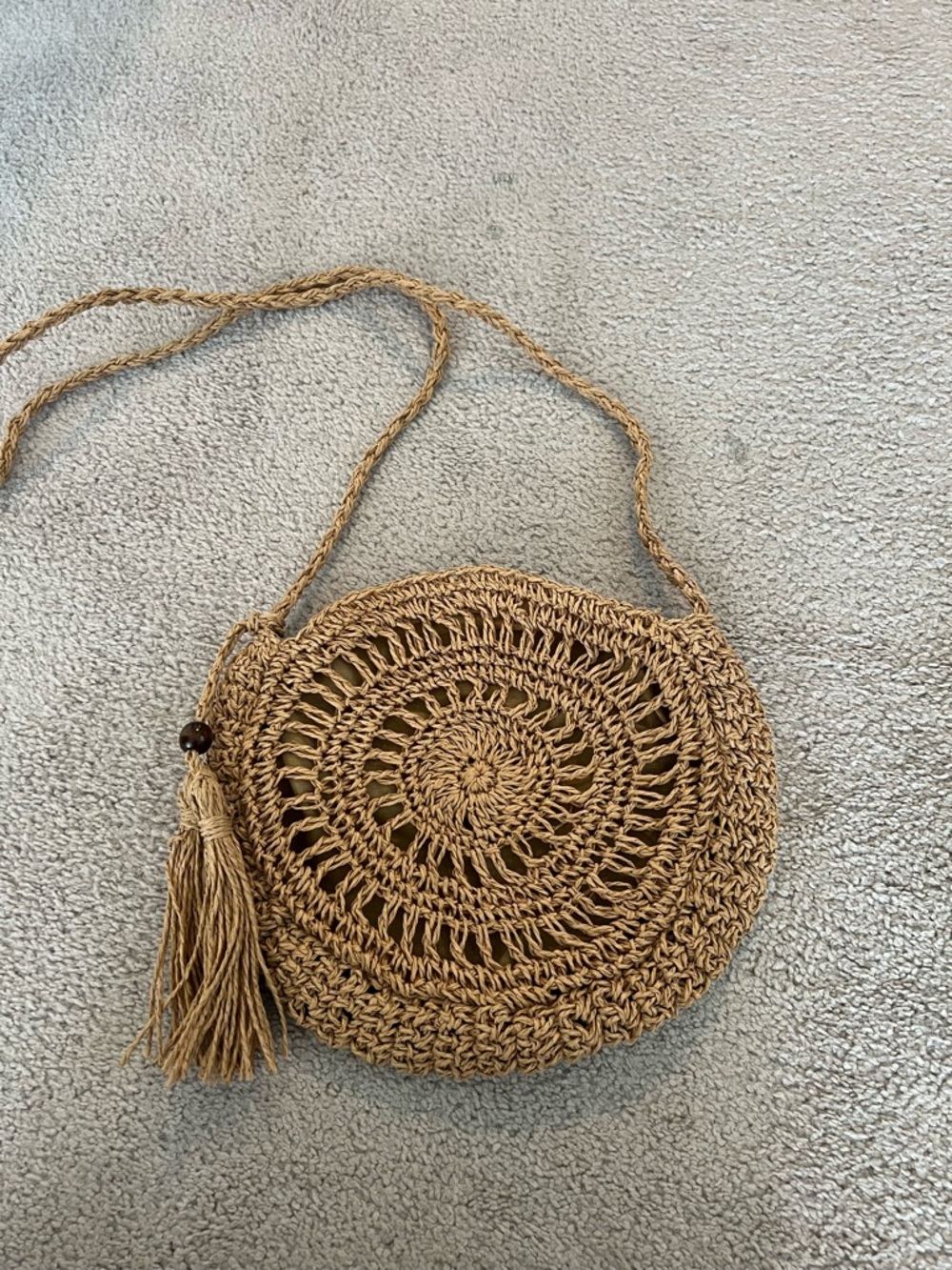 Handwoven Round Straw Crossbody Bag - Brown